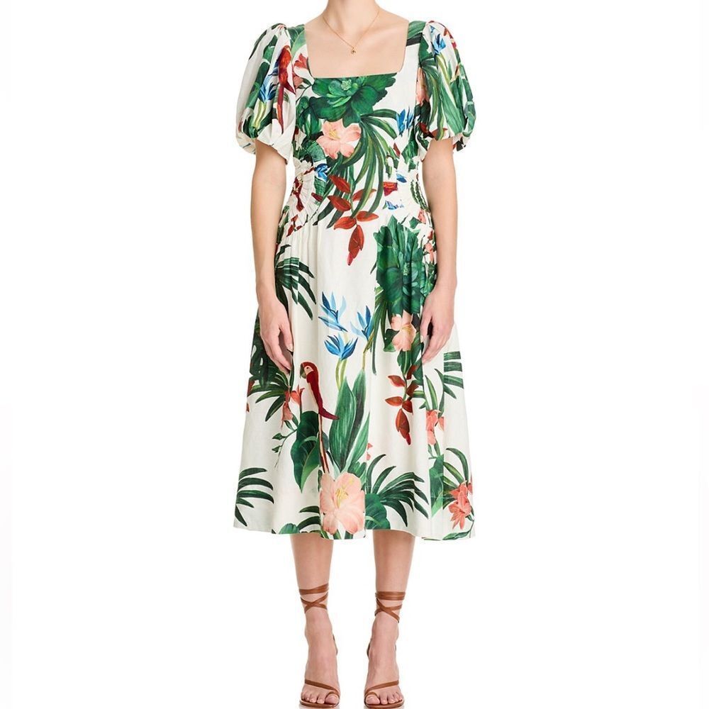 NWT FARM Rio Midnight Macaw Linen Blend Fiesta Dress Women XS(MSRP$298)